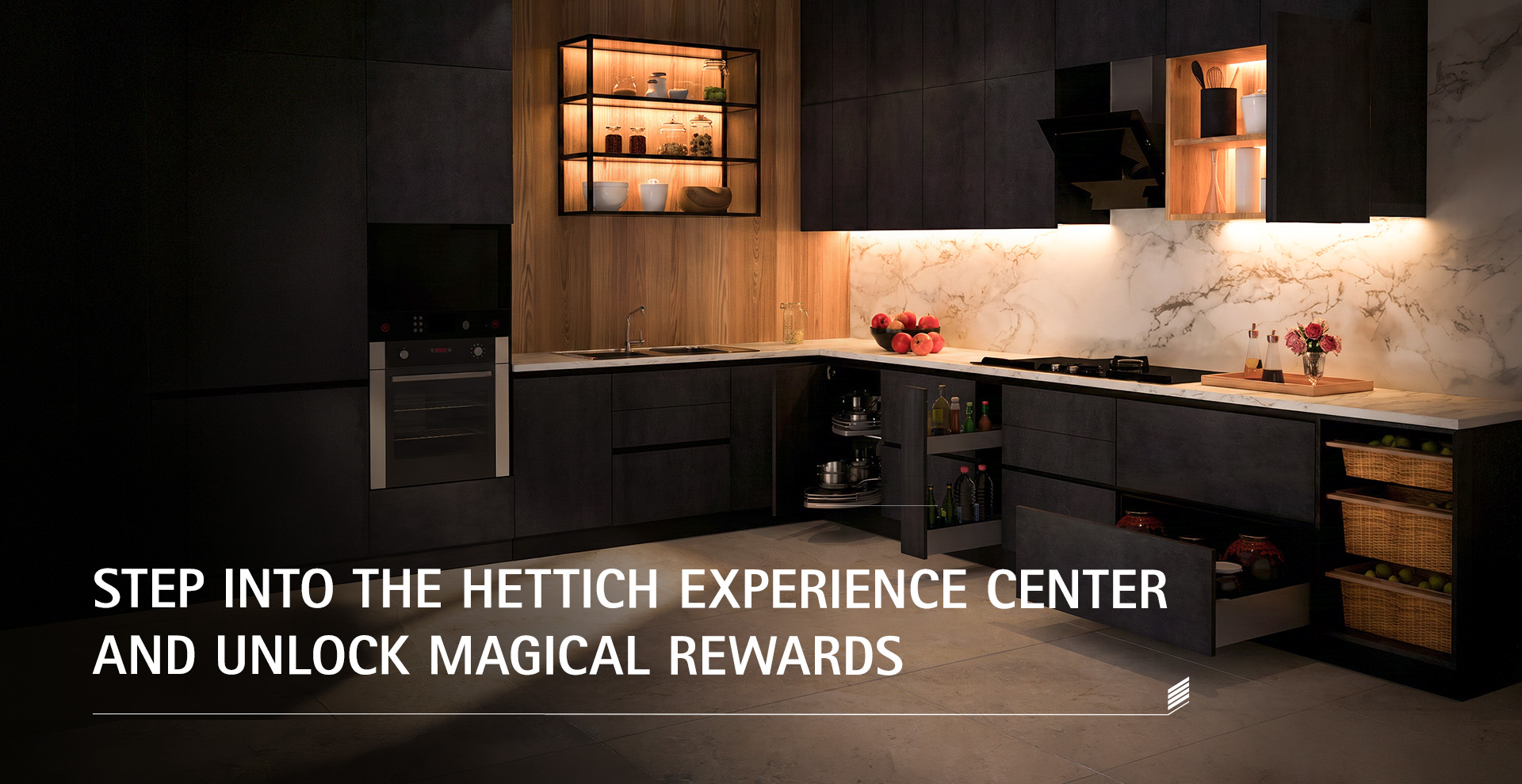 Hettich kitchen drawer with a golden light trail